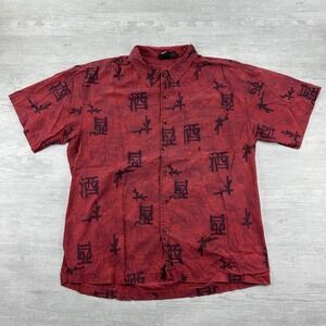 Metro One Shirt Mens XL Red Black Floral Asian Kanji Print Button Up Casual